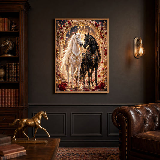 Royal Black and White Horses Golden Arch Poster Print